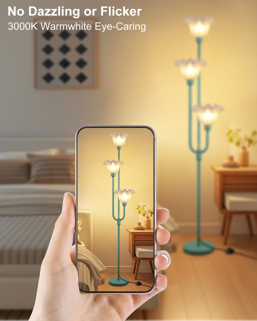 66 Inch Flower Green Floor Lamp Bedroom Office, 3-Light Mid Century Standing Lamp with 3000K Warm White LED Bulbs