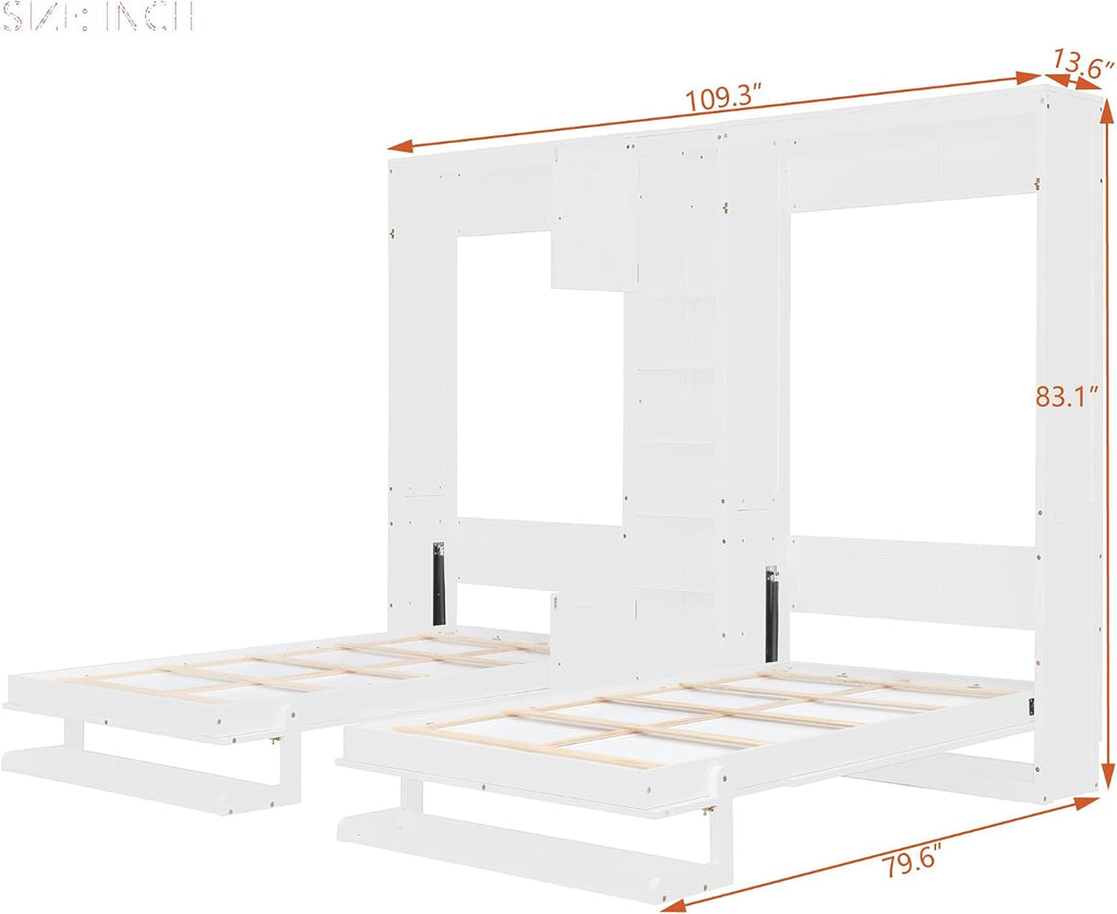 Dual Twin Murphy Bed with Cabinets and Shelves, Space Saving Wall Bed with Storage, Foldable Twin Beds with
