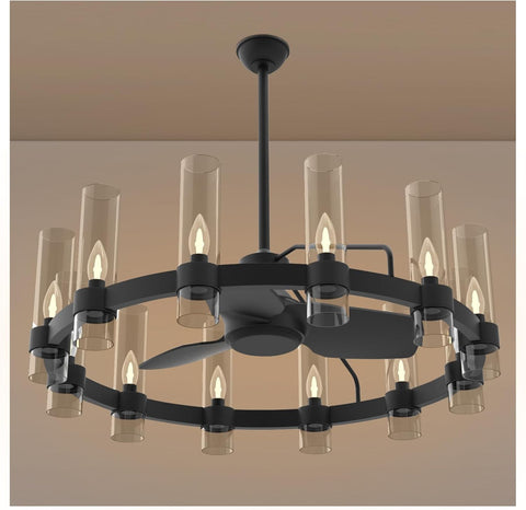 Black Ceiling Fans with 12 Lights Wagon Wheel Chandelier, 38 Inch Modern Farmhouse Fandelier, Quiet 6-Speed Reversible DC Motor, 1/2/4H Remote Timing for Living Room/Bedroom/Kitchen A115-B0F5M79C12