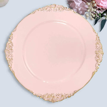 13" Charger Plates -Set of 24 - Acrylic Blush Round Baroque Disposable Chargers Leaf Embossed Rim, Ideal for Dinner