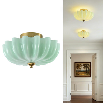 12" Milk Glass Semi Flush Mount Ceiling Light -Vintage Green Light Fixture