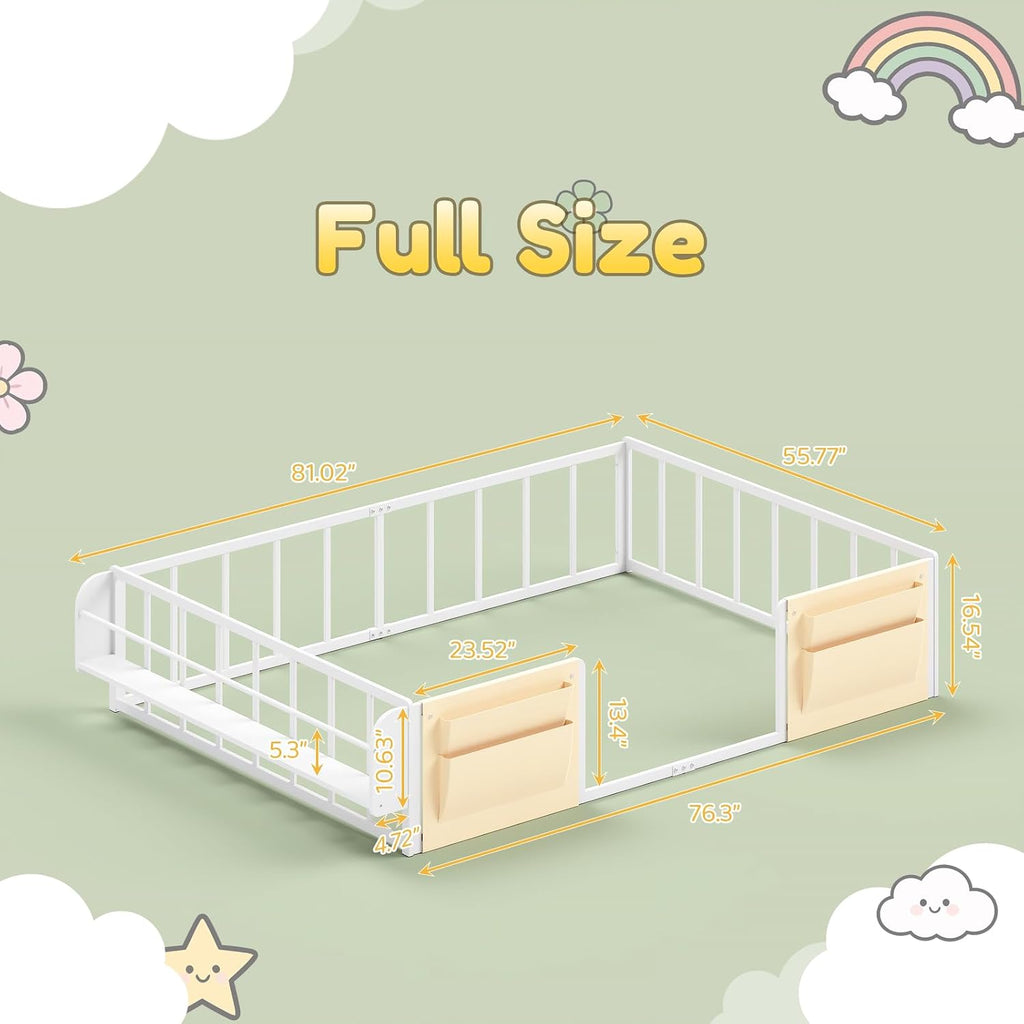 Floor Bed for Kids with Safety Guardrails, Montessori Bed White