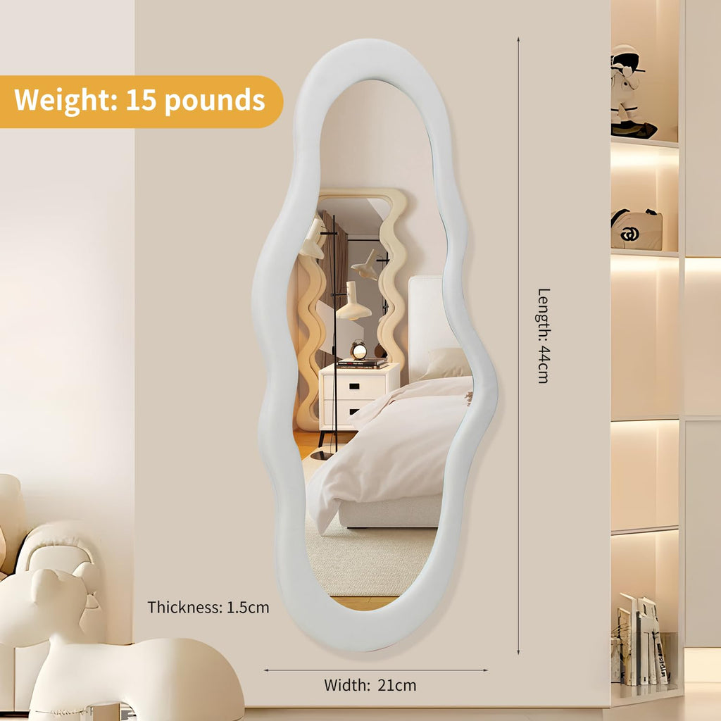White Cloud Shaped Wall Mirror 44x21 Inch - Fabric Wrapped Irregular Asymmetrical Mirror Bedroom Bathroom Entryway