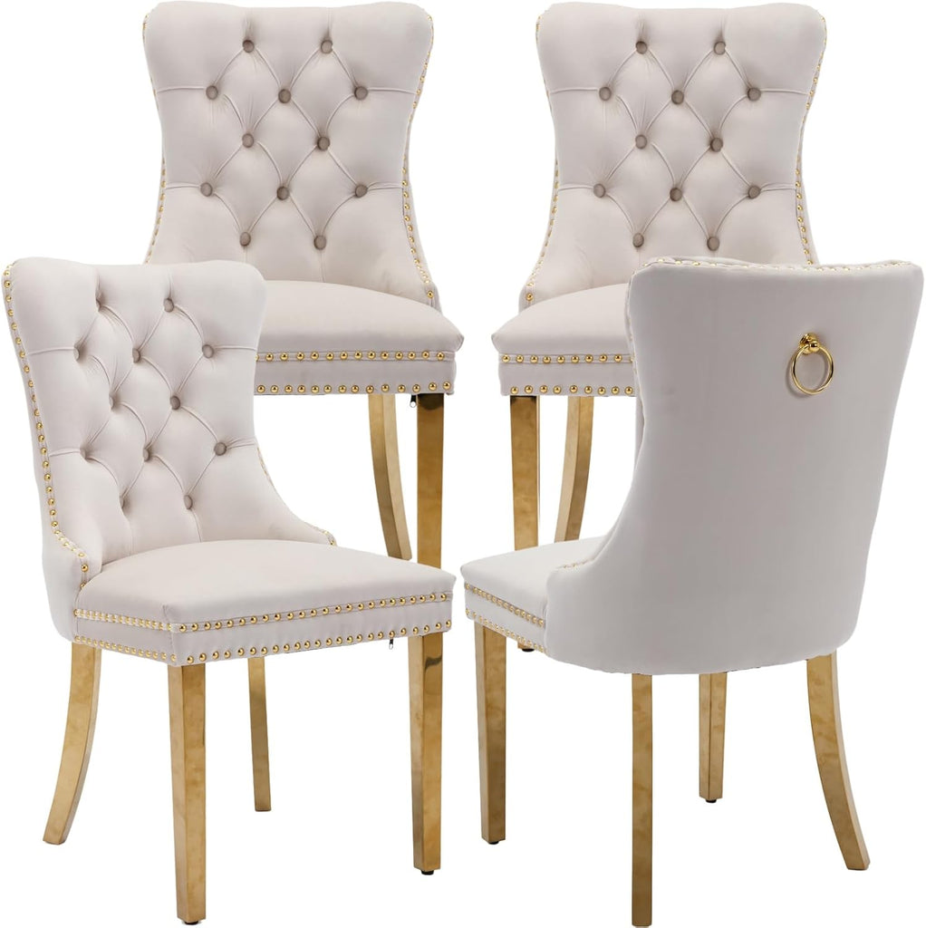 Mid Century Modern Dining Chairs Set of 4, Beige Velvet Upholstered Tufted Back, Kitchen & Dining Room Chairs, Gold