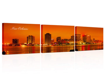 Orleans Skyline Canvas Wall Mississippi River Night Landscape Pictures Poster 3 Pieces Stretched and Framed Ready
