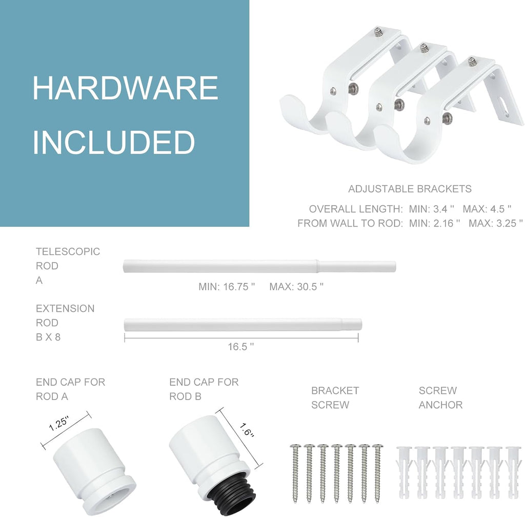 Curtain Rods for Windows 16 to 144 Inches Adjustable Length 1 Inch Diameter Window Curtain Rod with Aluminium End Cap