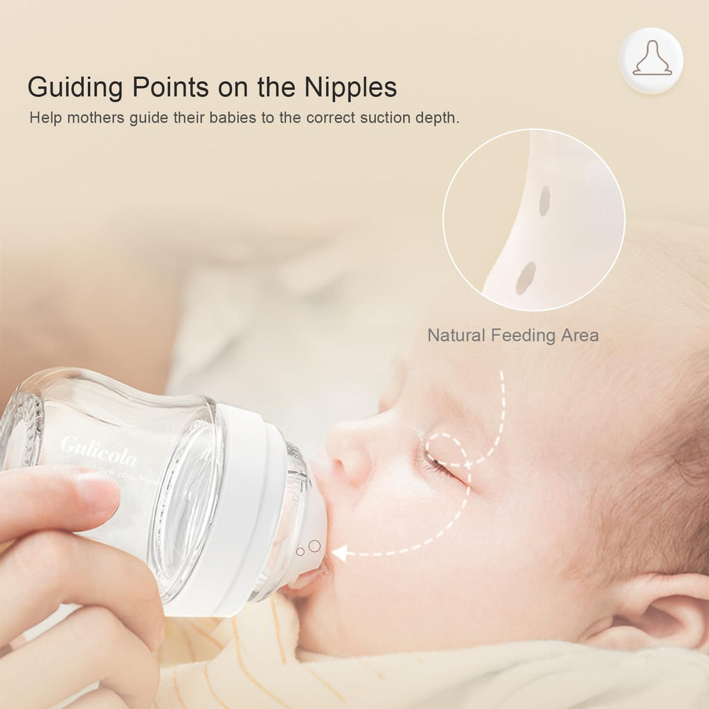 Natural Glass Baby Bottle 4 Pack, Newborn Breastfeeding Bottles Set, Extra Slow Flow Nipples (SS), Anti Colic, 0