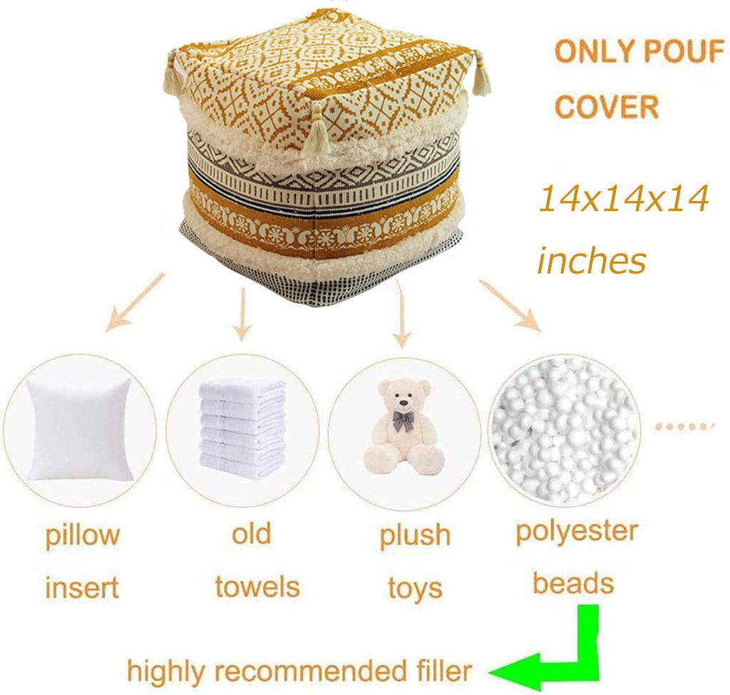 Prague Printed Tufted Tassel Square Pouf Cover, Cotton, Yellow