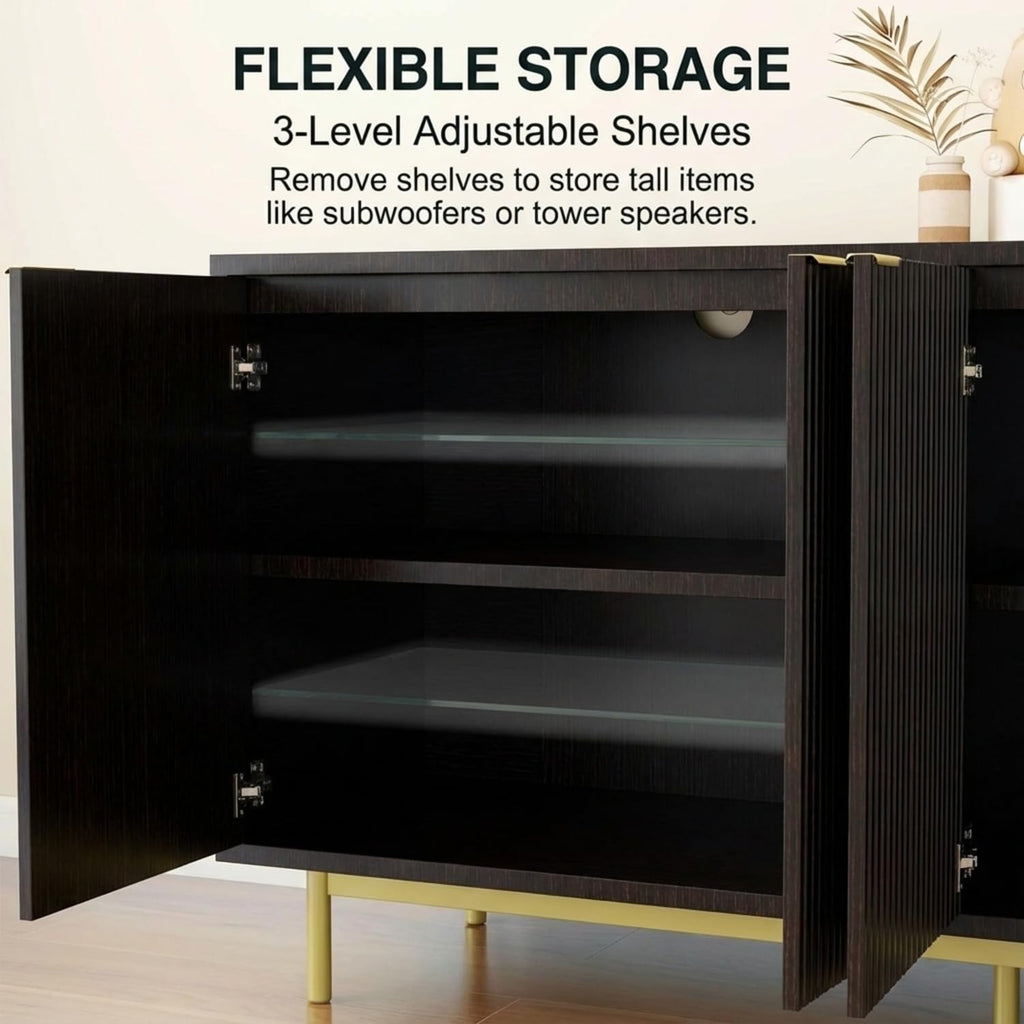 58 Inch Black TV Stand for 65 Inch TV, Modern Fluted Media Console Table with 4 Doors, Large Entertainment Center