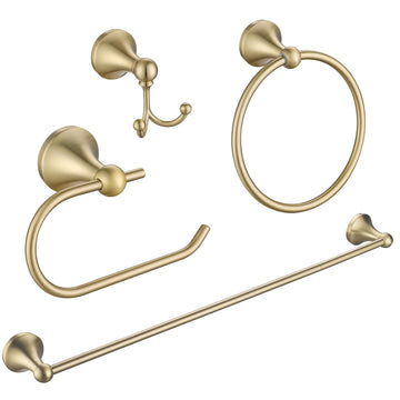 4 Piece Gold Bathroom Hardware Set - Brushed Gold Bathroom Accessories, 23.6 Inch Towel Bar | Towel Hook | Toilet