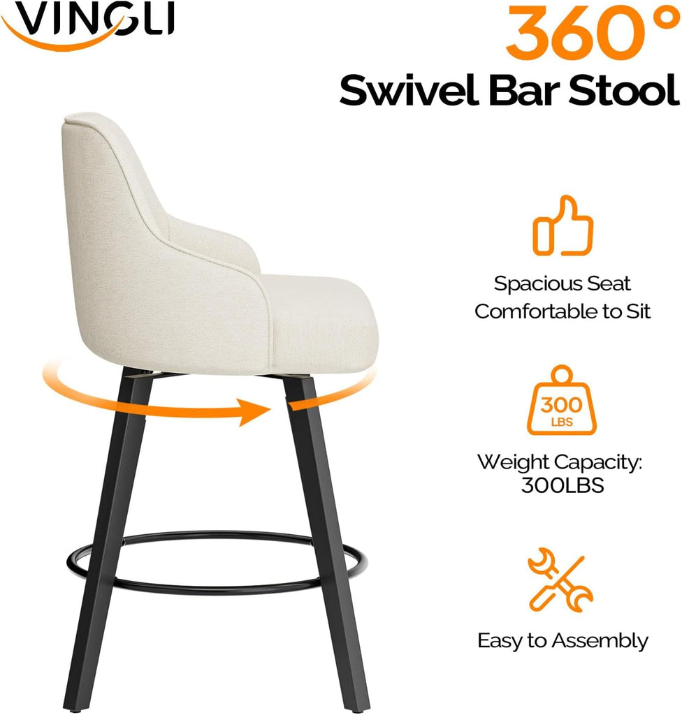 26" H Swivel Barstools Set of 2, Linen Fabric Upholstered Counter Stool with Back, Kitchen High Chairs Counter Height