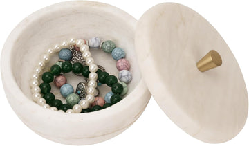 White Marble Storage Box with Copper Knob - Round Decorative Organizer for Jewelry, Trinkets, Bathroom or Office