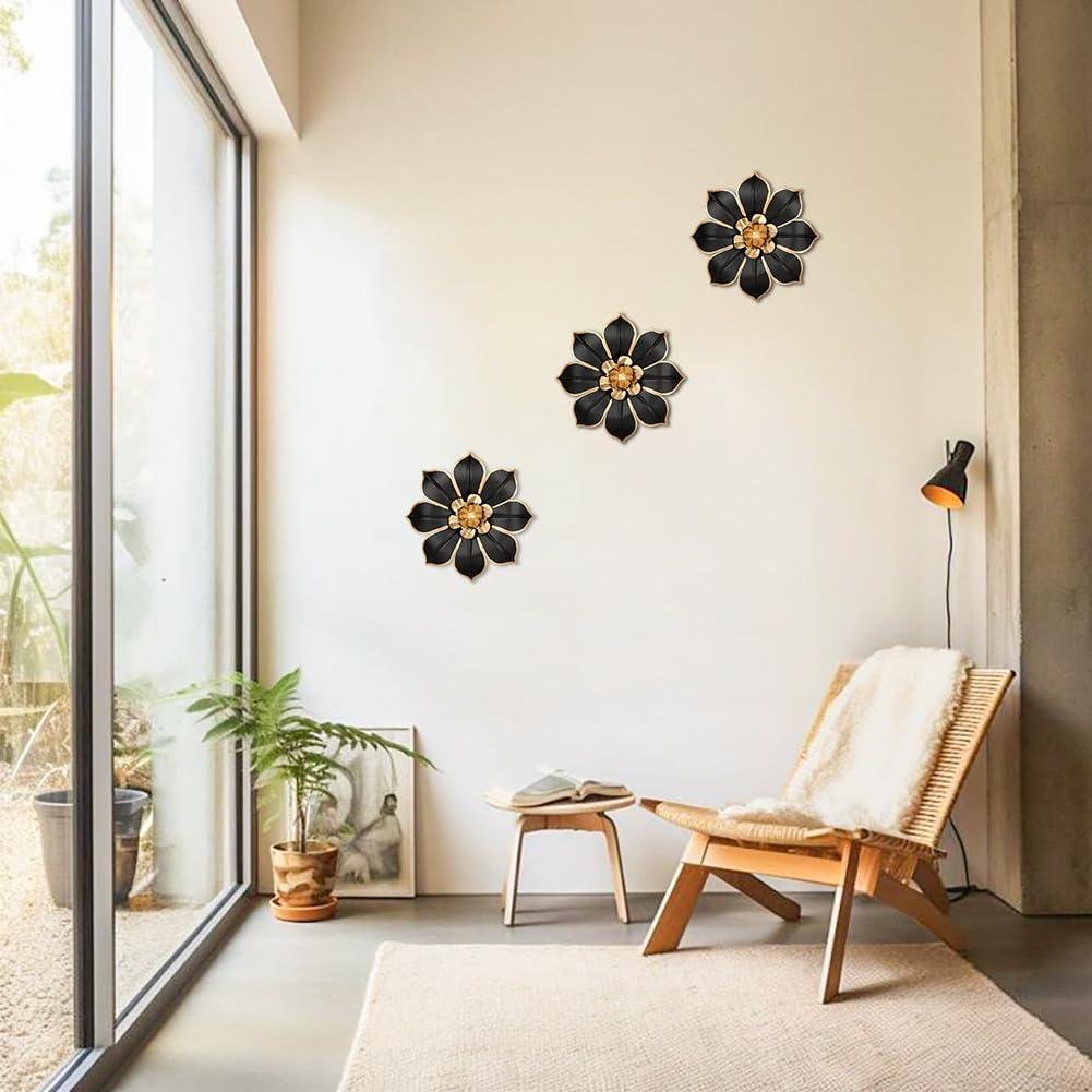 Set of 3 Black and Gold Metal Flowers Wall Art Decor 10"