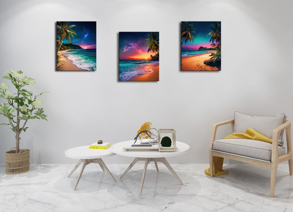 3-Piece Tropical Beach Wall Art, Northern Lights Ocean Sunset Canvas Prints, Palm Tree Coastal Seascape Decor Bedroom