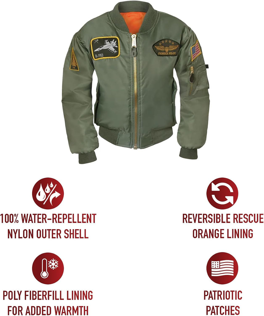 Kids Flight Jacket with Patches - Warm & Comfortable Outdoor Bomber Aviator Pilot Coat