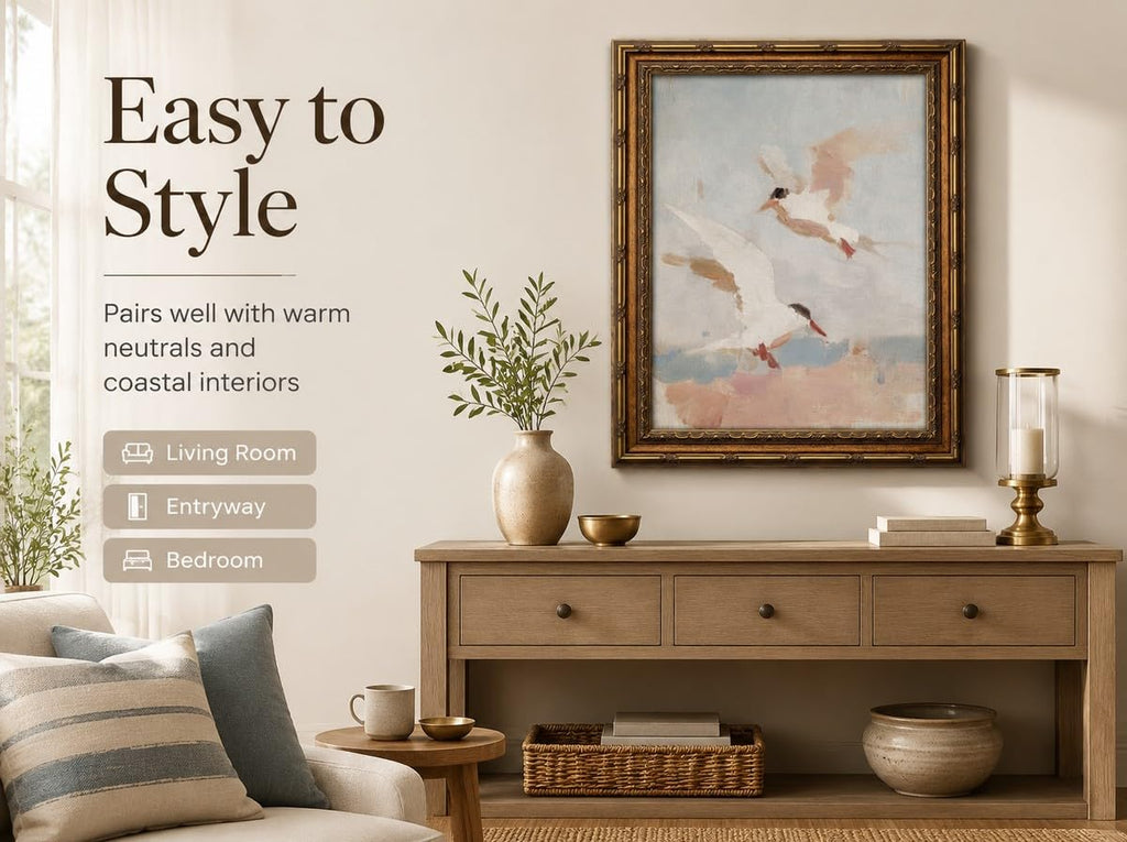 Vintage Coastal Seagulls Framed Wall Art-Beach Flying Birds Canvas Print Antique Nautical Wall Decor for Beach House