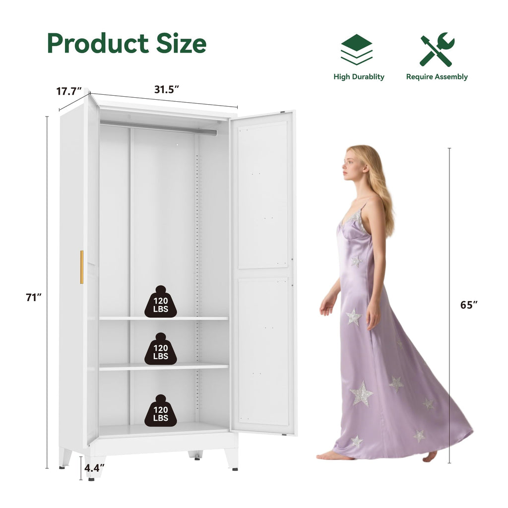 Metal Wardrobe Closet with Doors and Shelves, 71" Farmhouse Bedroom Armoire with Hanger Rod and Clothing Shelf, White
