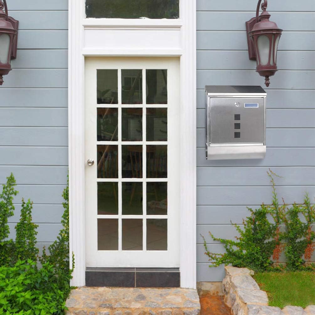 Stainless Steel Mailbox with Key Lock, Metal Wall Mount Rust-Proof Mail Box with Newspaper Compartment 15.4" x 12"