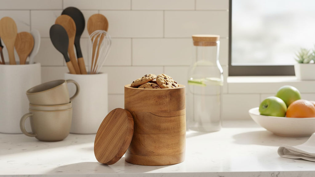 Decorative Acacia Wood Storage Jar With Wooden Lid For Dry Foods, Round Container For Cookies Coffee Tea Flour Sugar
