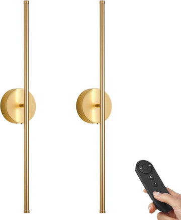 Battery Operated Wall Sconces with Remote Control, Dimmable Wall Sconces Set of Two, 350°Rotate, 3000K LED Gold