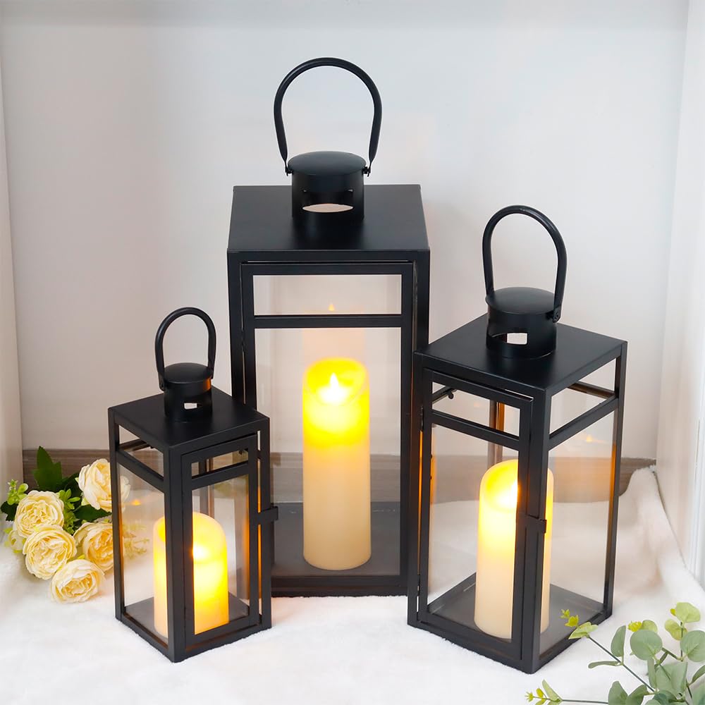 Stainless Steel Lantern Set of 3 - Assorted Sizes (12/15/19 Inch) - Tall Metal Hanging Lanterns with Clear Glass