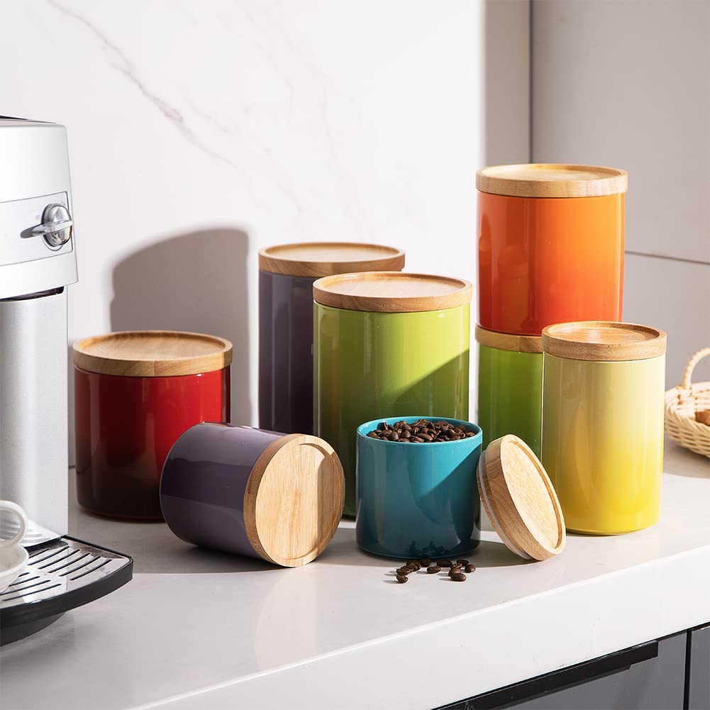 Ceramic Food Storage Jar, Stackable Kitchen Canisters, Containers with Airtight Seal Wooden Lid for Serving Ground