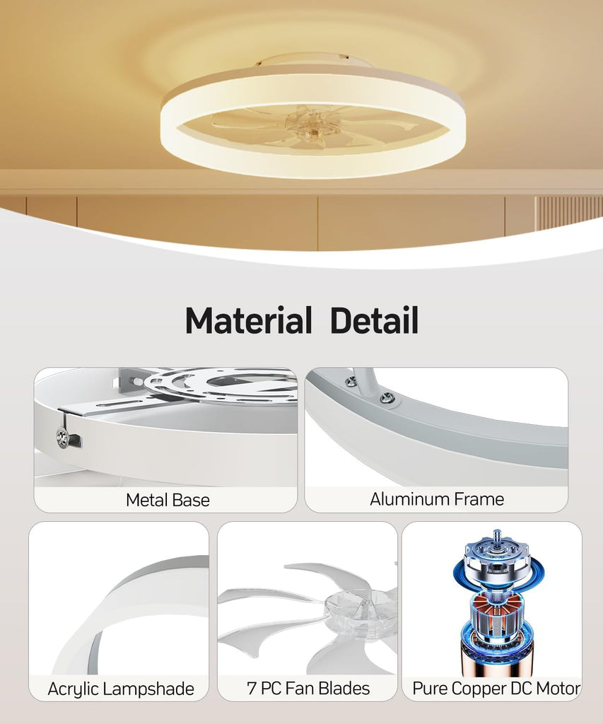 Smart Ceiling Fans with Light and Remote,20" Low Profile Ceiling Fan with 6-Speed & Dimmable LED