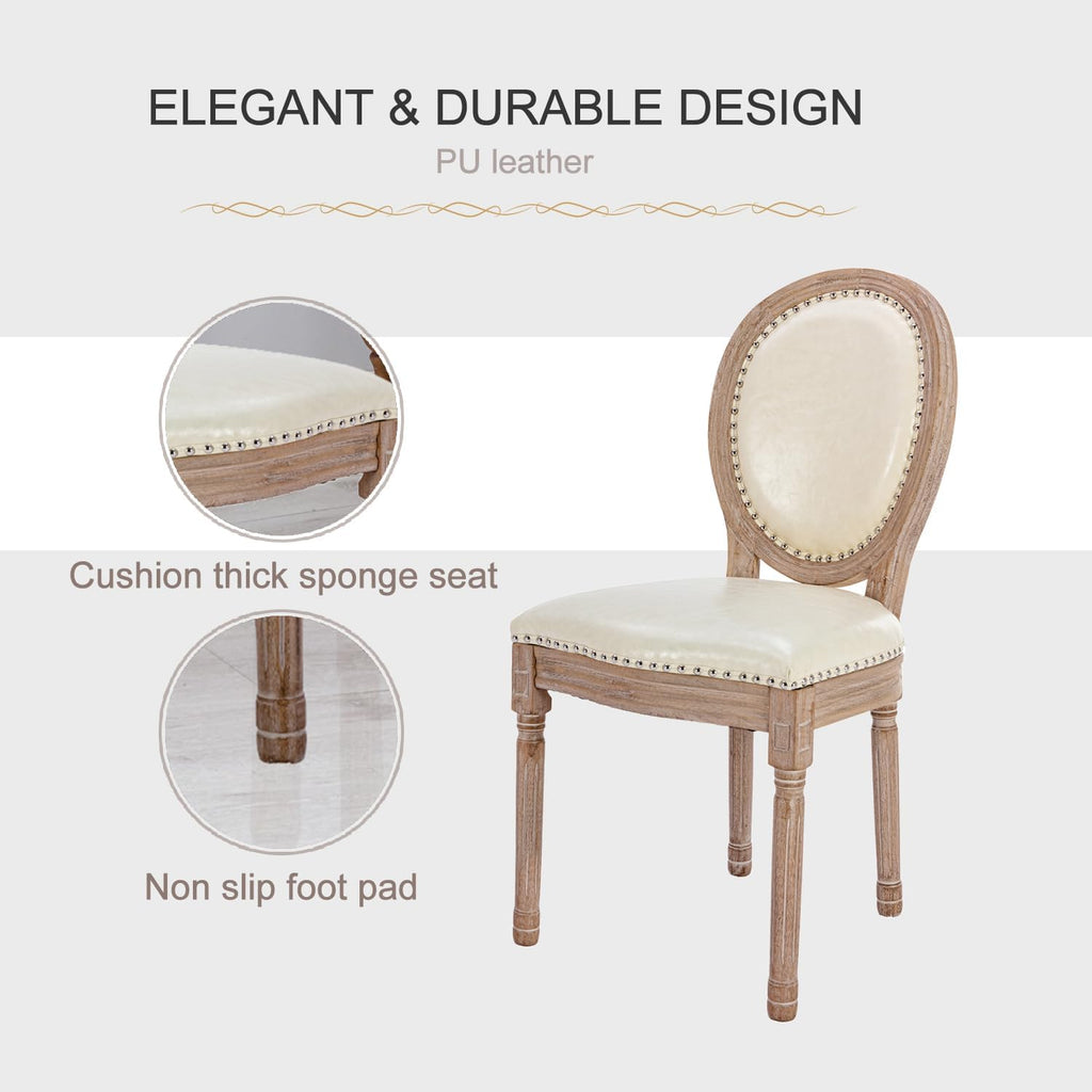 French Country Dining Chairs Set of 2, Upholstered Leather Accent Chairs with Curved Backrest for Dining Room, Kitchen or Restaurant, Beige