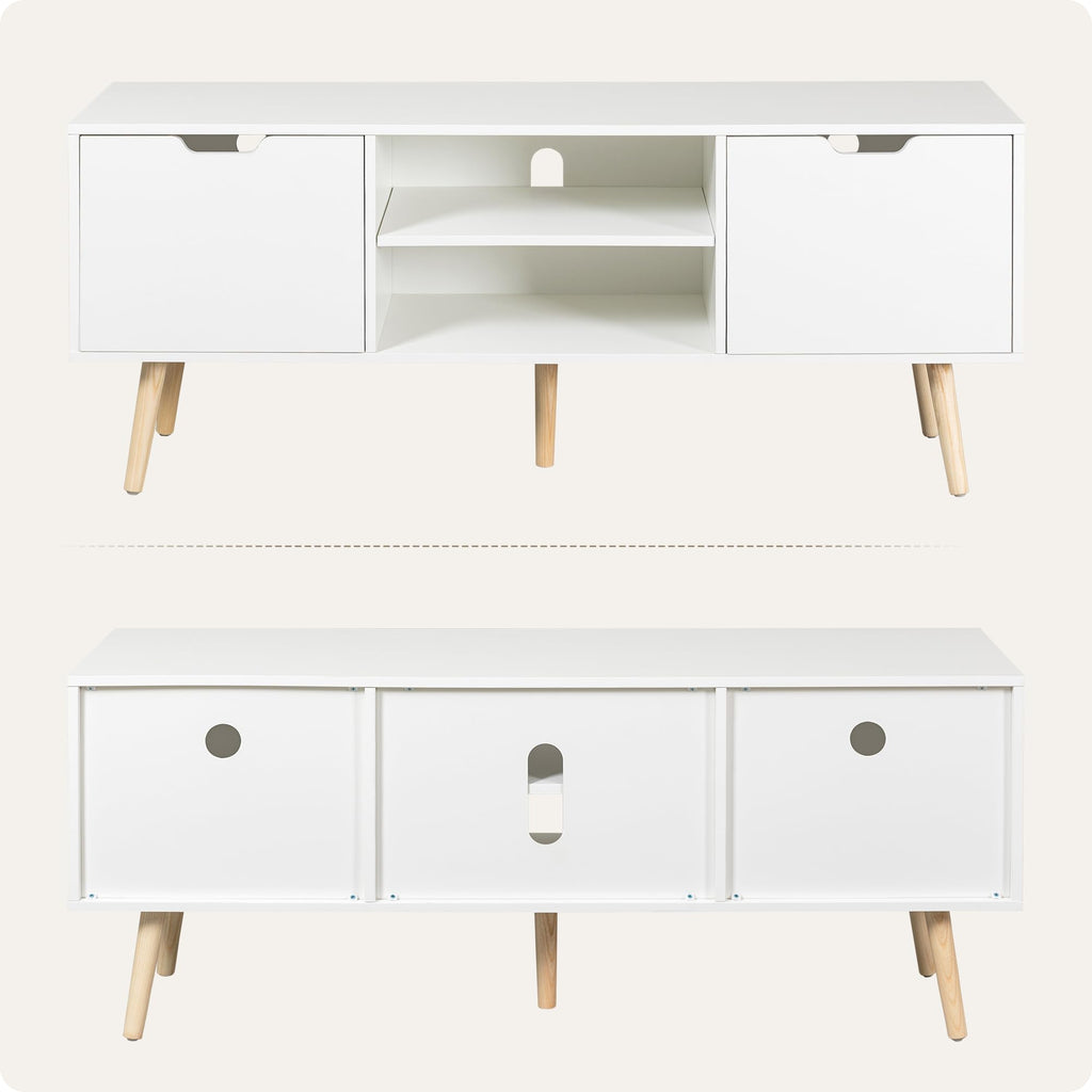 White TV Stand for 50 55 60+ Inch TVs, Modern TV Console with Storage Cabinets, Open Shelves and Solid Wood Legs