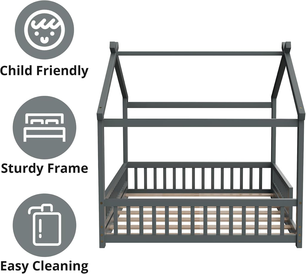 House Bed with Fence, Wooden Montessori Bed with Slats Support, Floor Bed Frame for Boys Girls Bedroom, Gray
