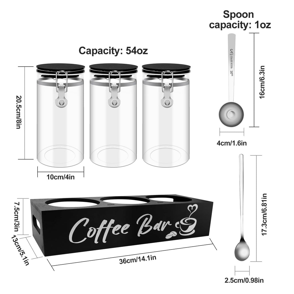 Glass Coffee Containers with Shelf Coffee Station Organizer 54oz Black Glass Coffees Bean Storage Canister with Spoon