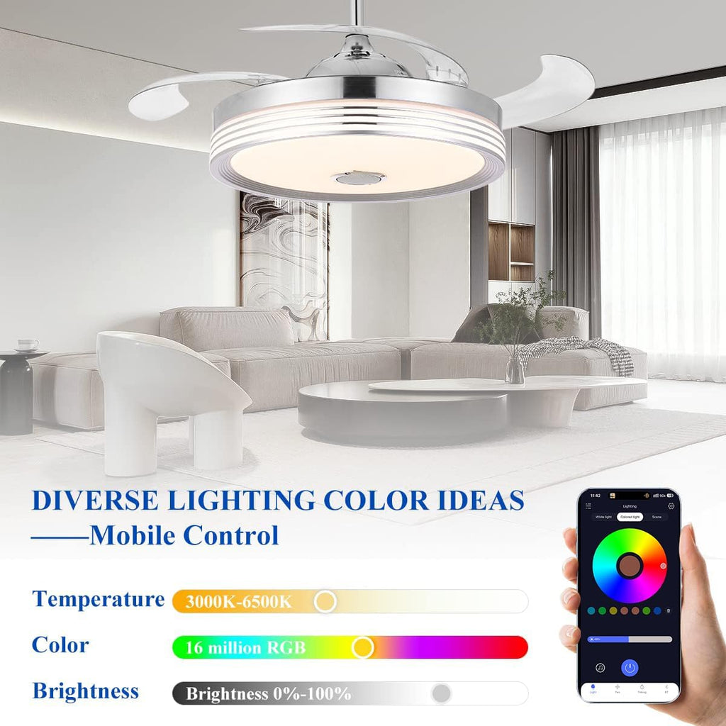 48 inch Modern Retractable Ceiling Fan with Lights and Remote Control, 6Speed Dimmable Fandelier, Smart Ceiling Fan