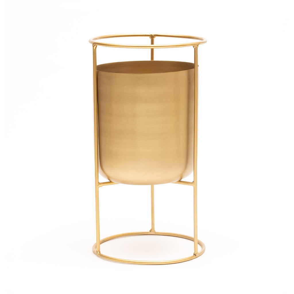 Matt Metal Plant Pot with Gold Plant Stand - Tall 20 Inch Height Large Plant Pot Indoors with Stand - Large