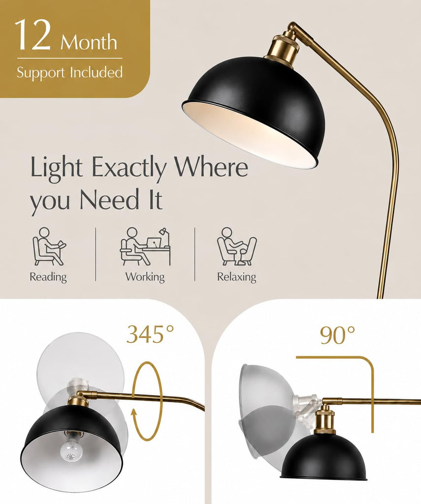 61" Halo Brass Black Floor Lamp, Adjustable Head Reading Lamp