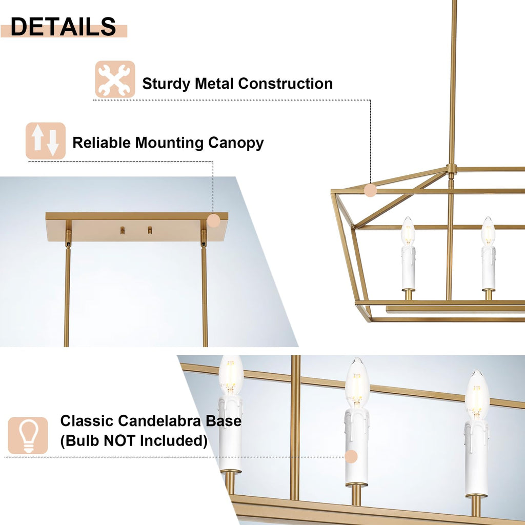 4-Light Gold Kitchen Island Lighting Over Table, Modern Lantern Cage Chandelier Pendant Light Fixture with Height