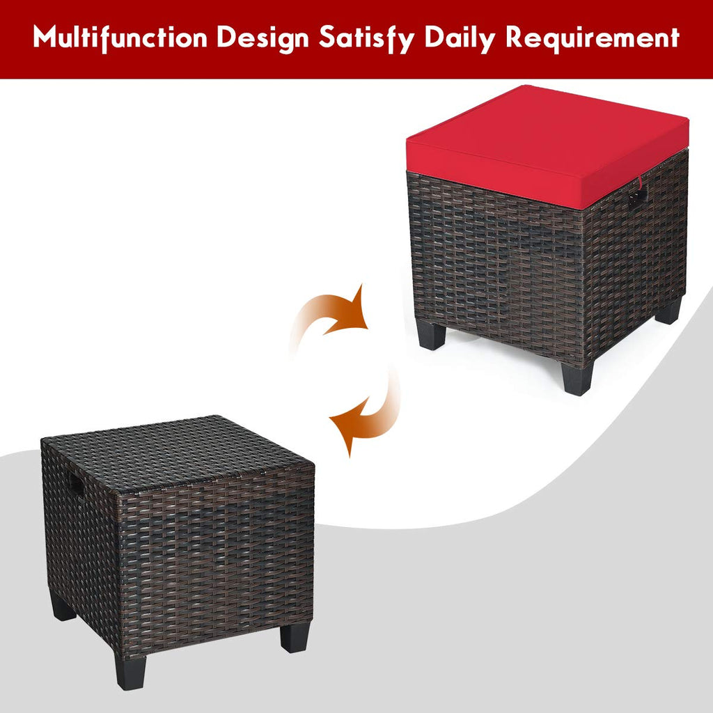 2PCS Patio Outdoor Ottomans, Rattan Wicker Ottoman Seat w/Removable Cushions, Rattan Footstool Footrest Seat Set