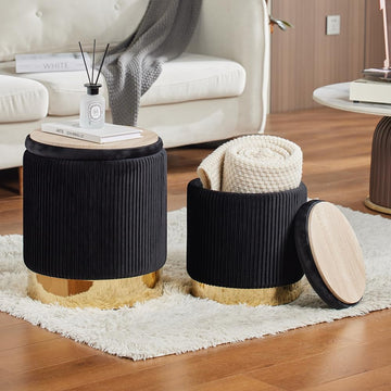 Round Ottoman with Storage Set of 2 Black Velvet Vanity Stool | Upholstered,Small Ottoman Coffee Table,Removable