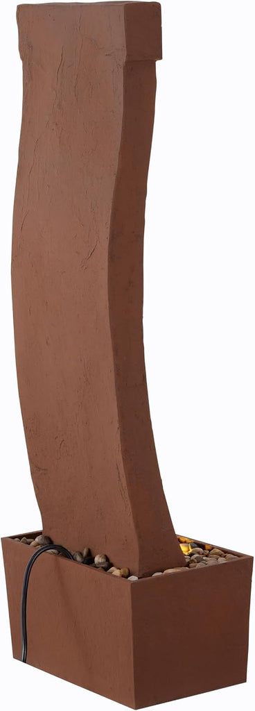 38.5" Modern Curved Faux Slate Waterfall Fountain with LED Lights, Red Rock
