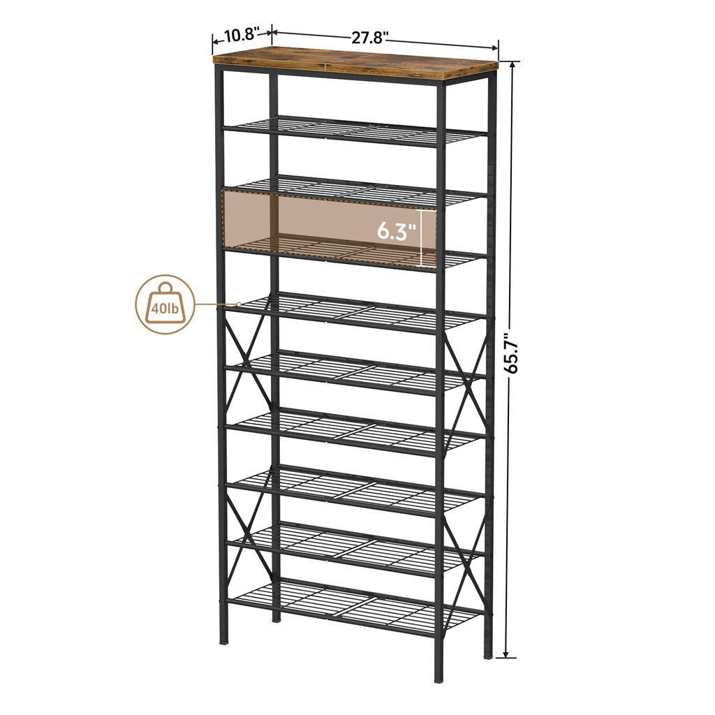 10-Tier Tall Shoe Rack, Large Capacity Shoe Shelf Holds40-45 Pairs, Shoe Shelf, Rustic Brown