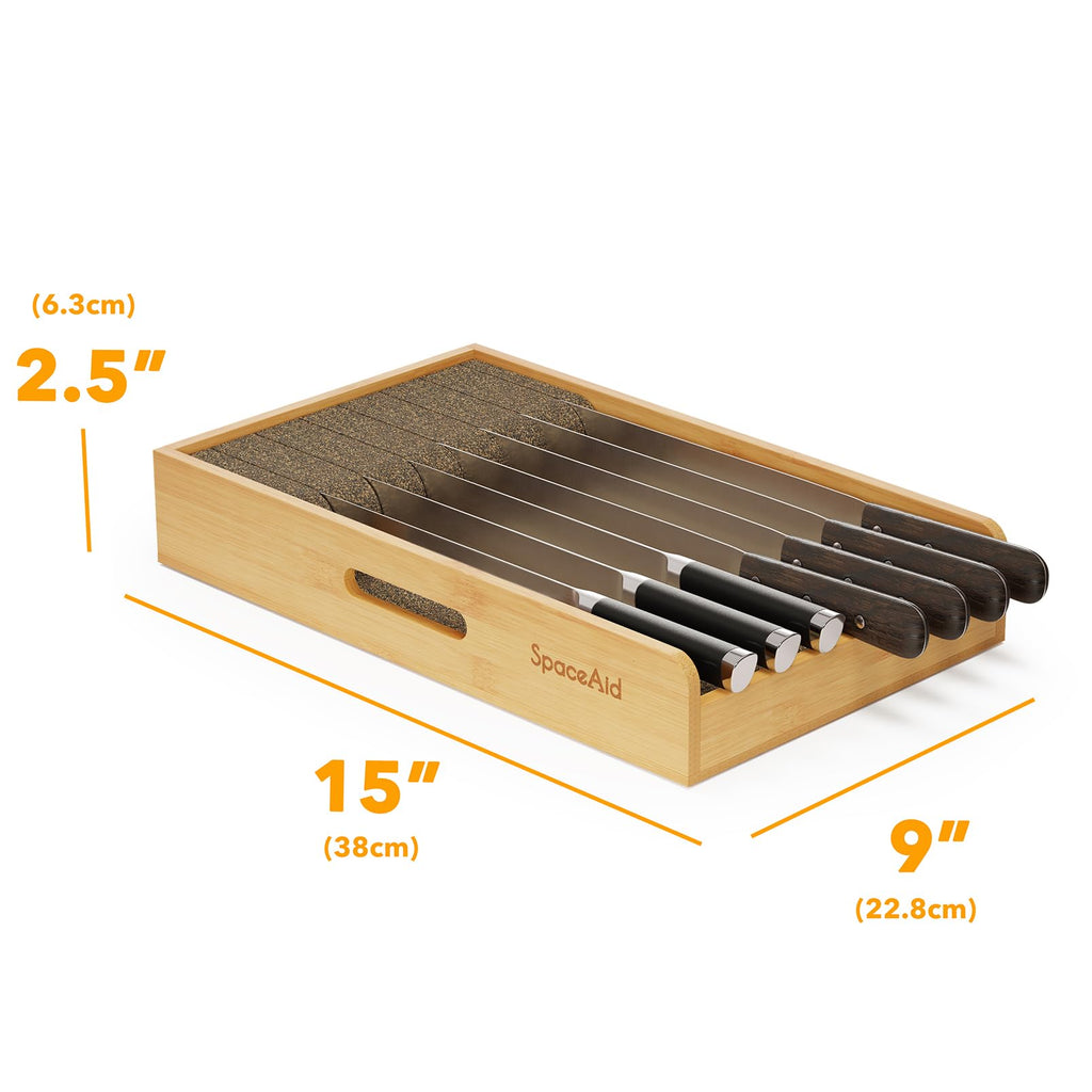 Knife Drawer Organizer 9 inches Wide Bamboo Insert Dock, Kitchen Steak Knives Holder Organizers Block for Drawer