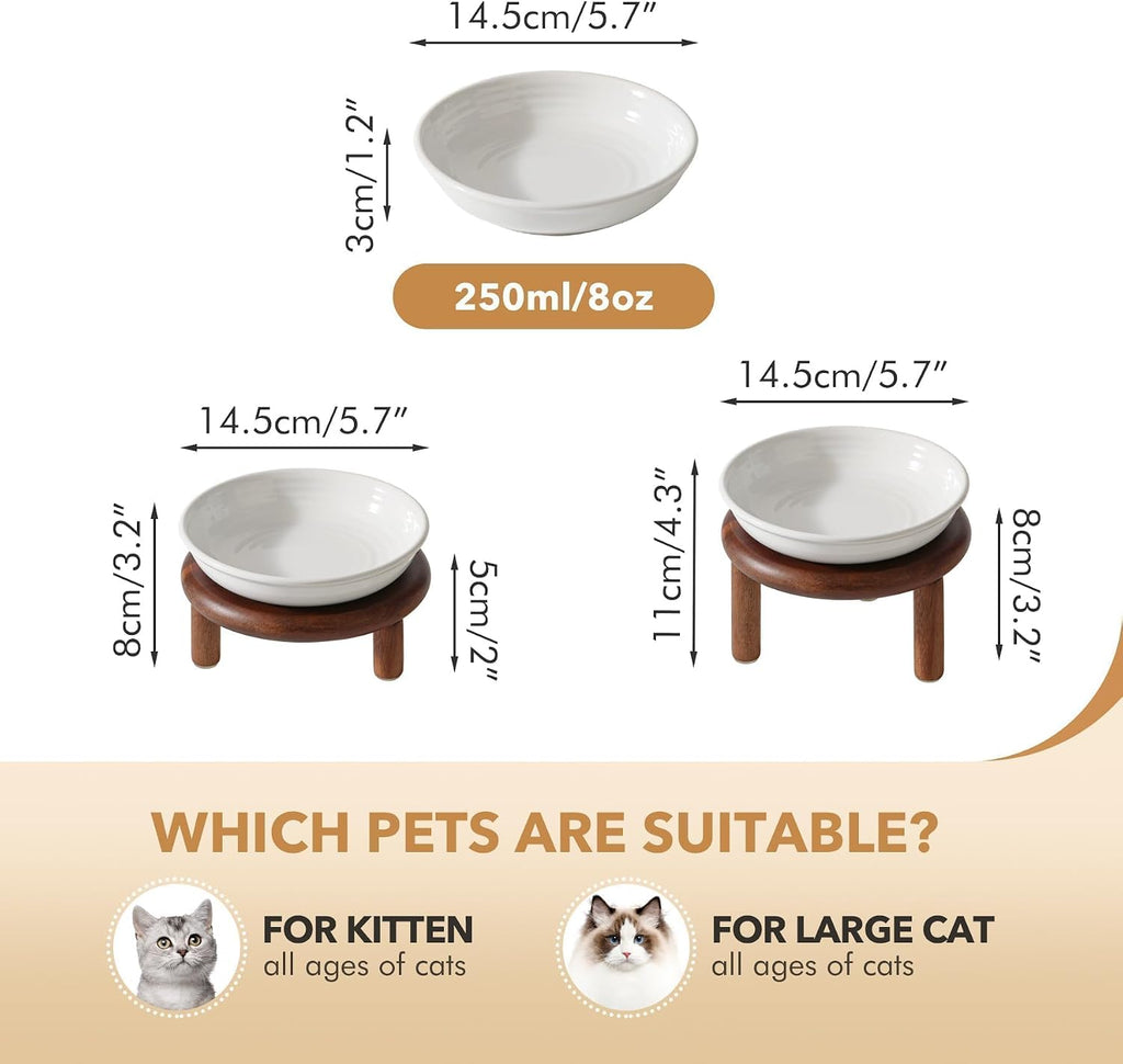 Elevated Cat Bowls, Ceramic Cat Bowl with Wood Stand, Wide Opening