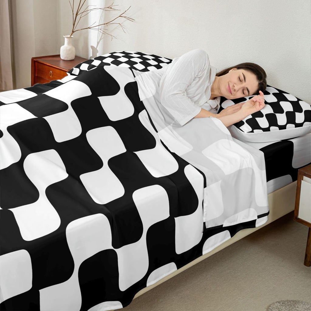 Checkered Grid Bed Sheets Set Buffalo Plaid Deep Pocket Fitted Sheet Black White Bedding Sets Geometric