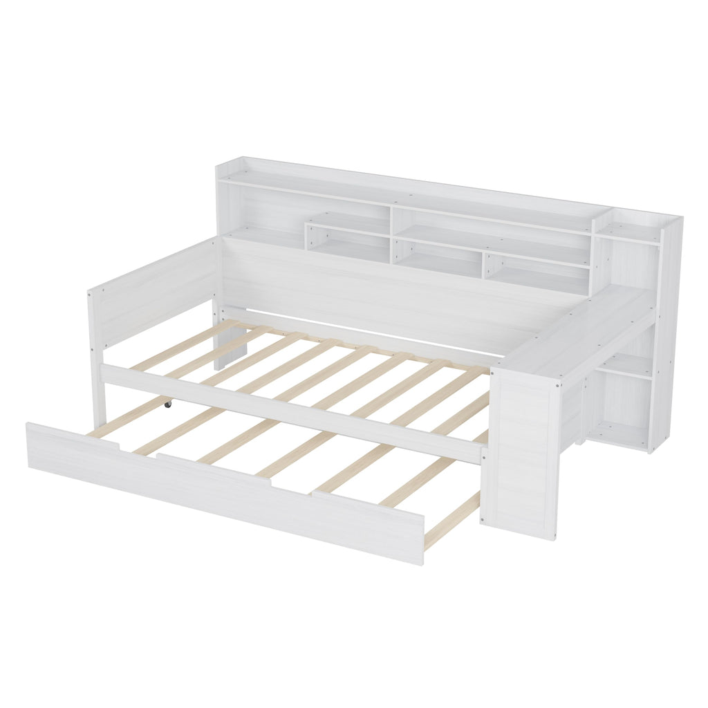 Twin Size Daybed with Trundle, Wooden Multi-Functional Bed with Storage Shelves and Study Desk, White