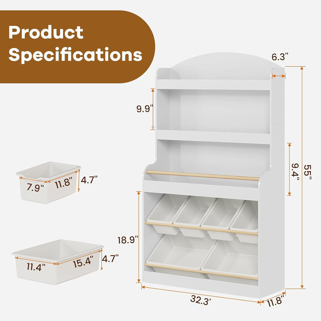 51" H Kids Toy Storage Organizer with Bookshelf and 6 Removable Toy Bins, 5-Tier Toy Organizers with Stuffed Animal