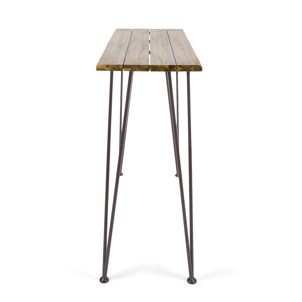 Denali Ouotdoor Industrial Acacia Wood Bar Table with Iron Frame, Teak Finish / Rustic Metal