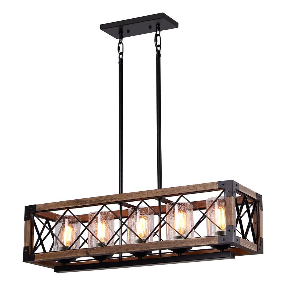 Rectangle Wood Metal Pendant Light Kitchen Island Chandelier Black Finish Rustic Industrial Chandelier Vintage