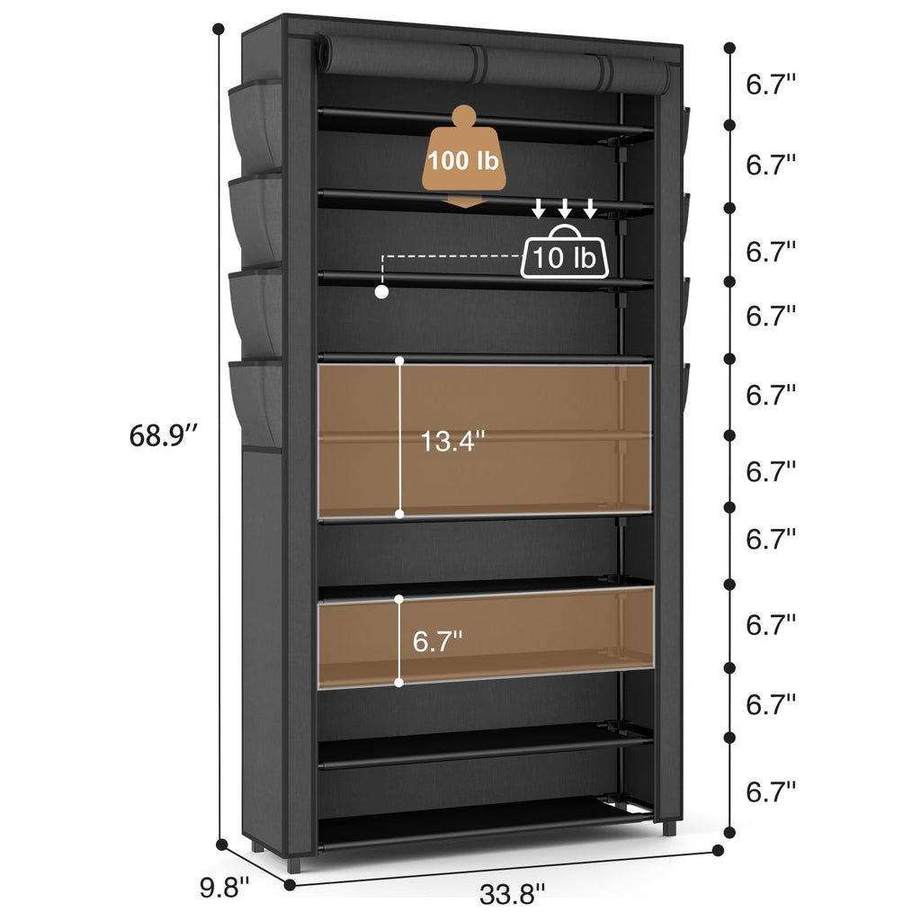 Tall Shoe Rack with Cover, 10 Tier Shoe Organizer Storage for 50-55 Pairs Shoes and Boots Large Capacity Shoe Shelf
