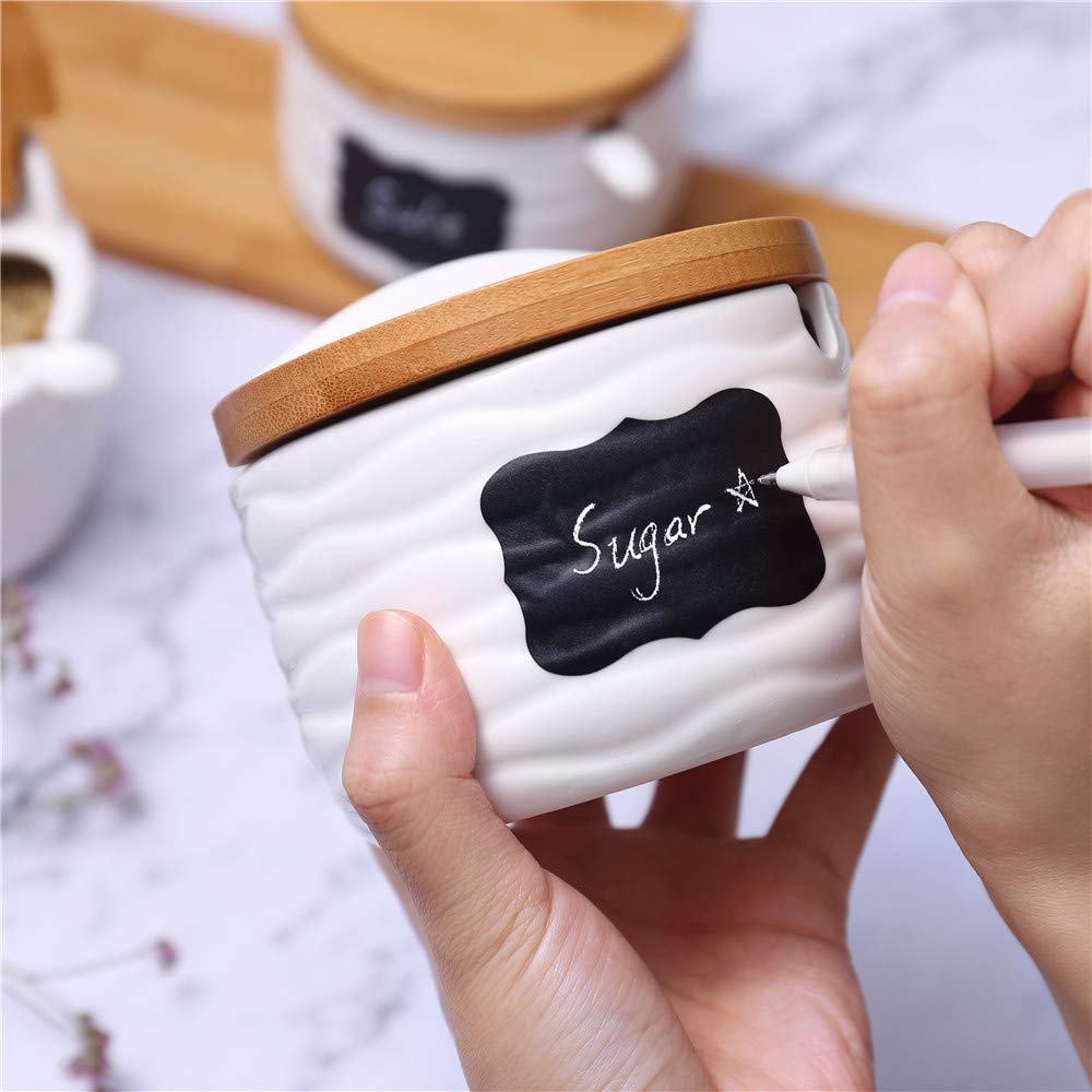 Ceramic Sugar Bowl with Bamboo Lids and Spoons Serving Tray, Porcelain Sugar Container for Sugar Tea Coffee