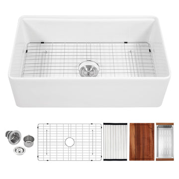 33 In Workstation Farmhouse Kitchen Sink White Fireclay Apron Front Farm Sink 33x20 x10 Inch Single Bowl Undermount
