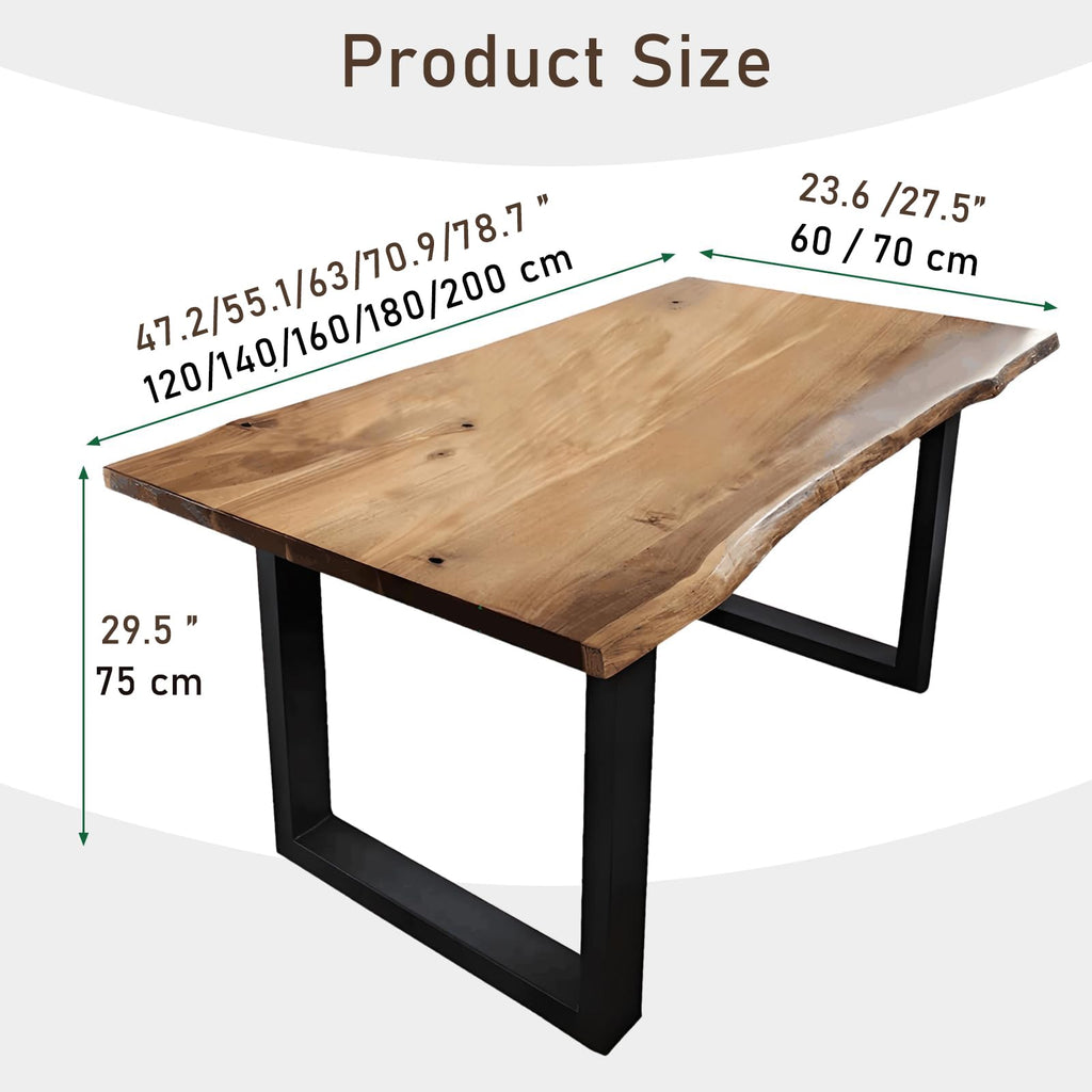 Industrial Solid Wood Dining Table, 2" Solid Wood Top, Live Edge Style Kitchen Table for 4-8 People, Farmhouse Dining